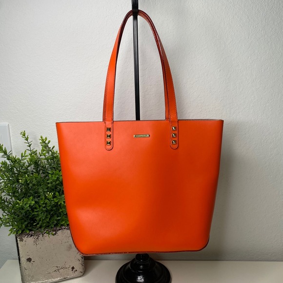 Rebecca Minkoff Orange Leather Tote Bag Studded Accents Stylish - Picture 1 of 12